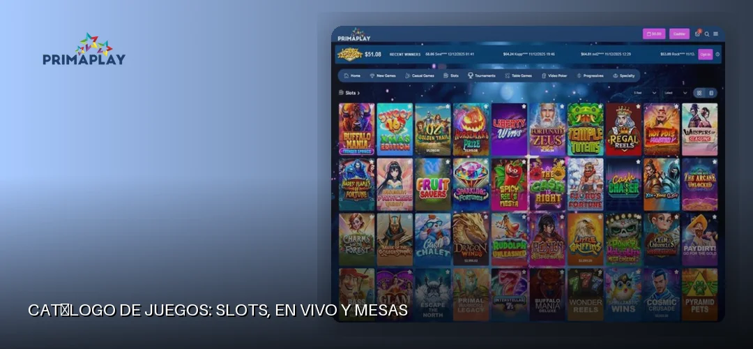 Catálogo de juegos: slots, en vivo y mesas